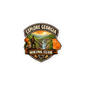Explore Georgia Hiking Club sticker with hiker, waterfall, Georgia map, and sunrise scene