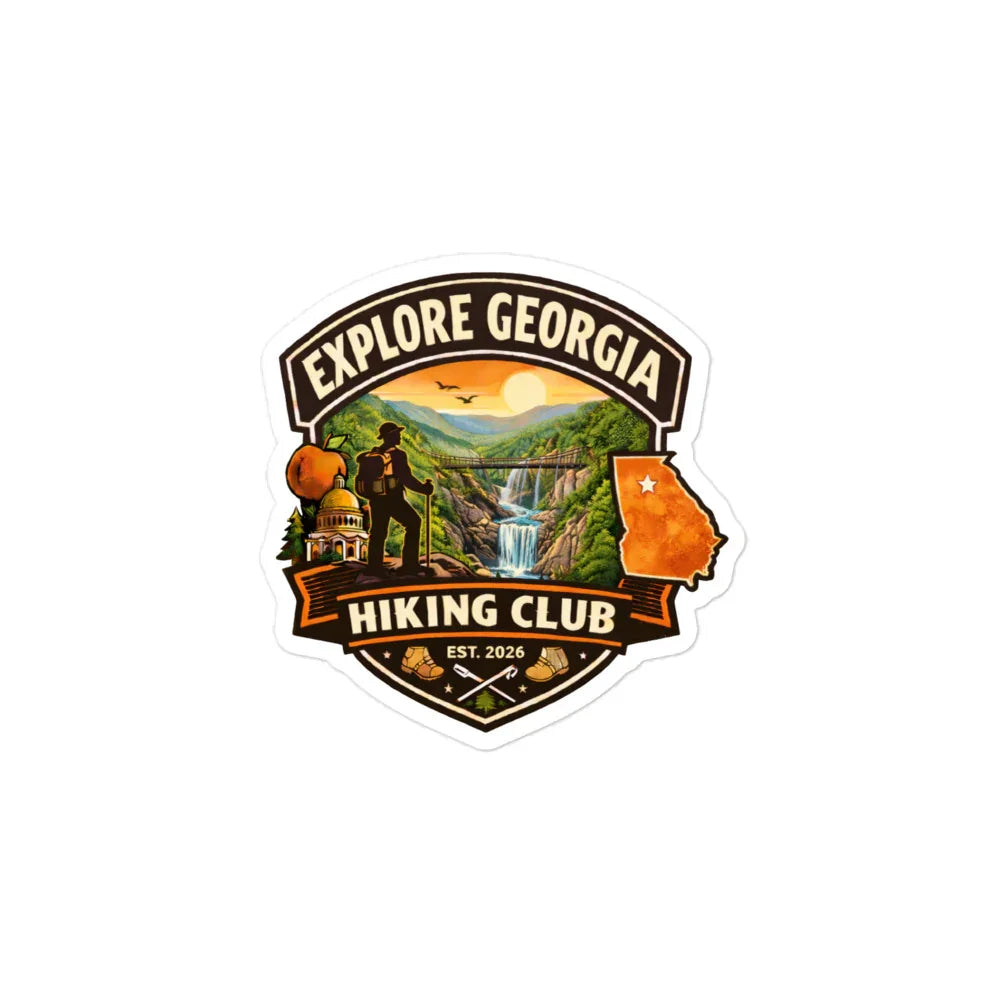 Explore Georgia Hiking Club sticker with hiker, waterfall, Georgia map, and sunrise scene