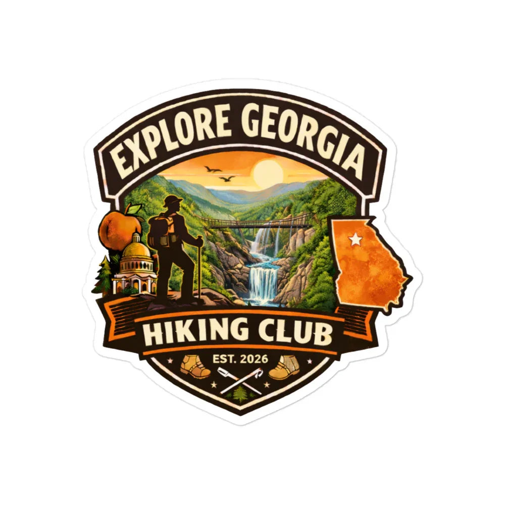 Georgia hiking club sticker with hiker, waterfall, state map, and sunset scenic design