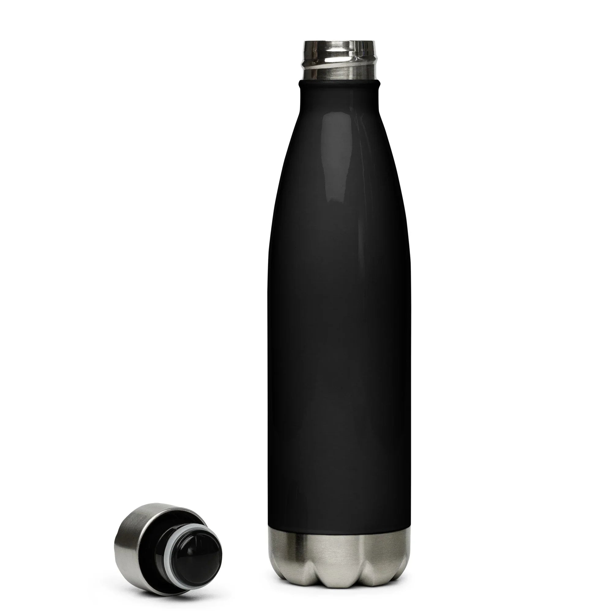 Black 17 oz stainless steel water bottle with screw cap, ideal for hiking and outdoor use