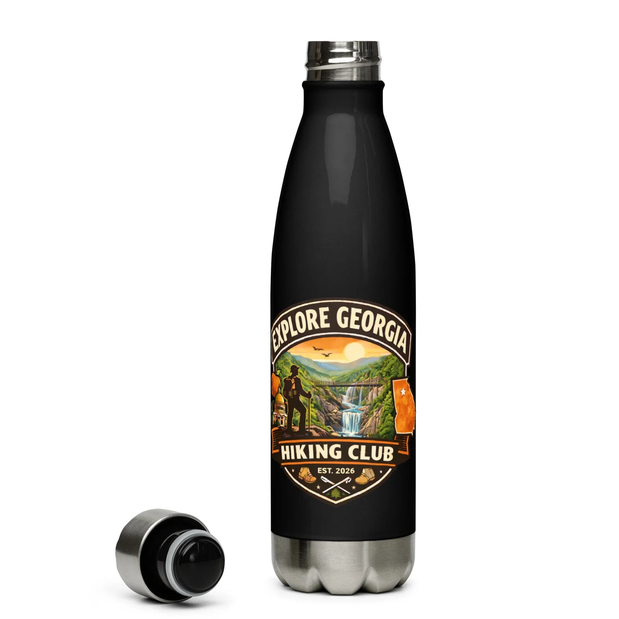 Black stainless steel water bottle with hiking club logo, waterfall, and mountain design