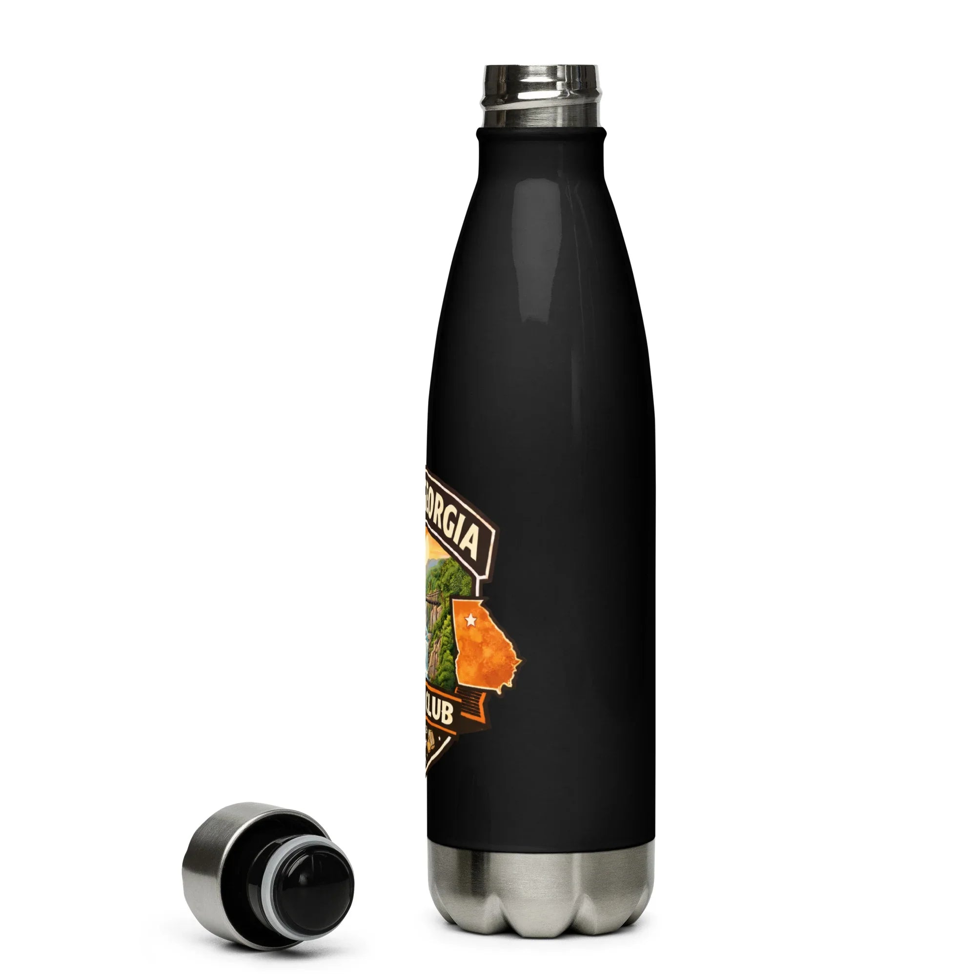 Black stainless steel water bottle with Georgia hiking club logo, 17 oz, lid off