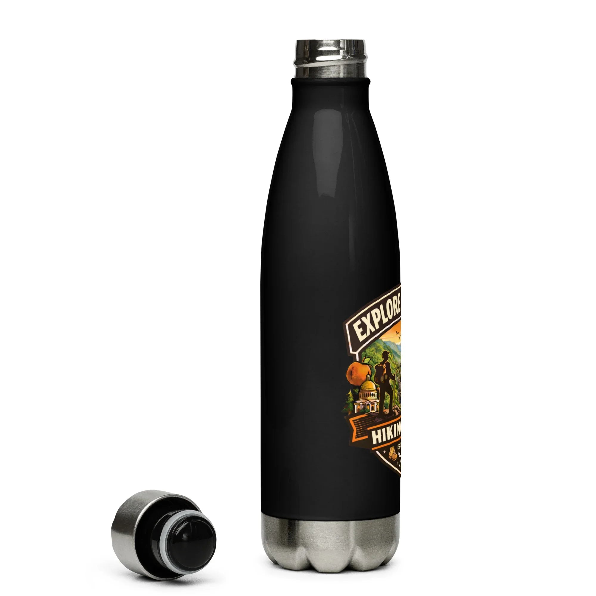 Black stainless steel water bottle with hiking club badge, cap off, isolated on white background