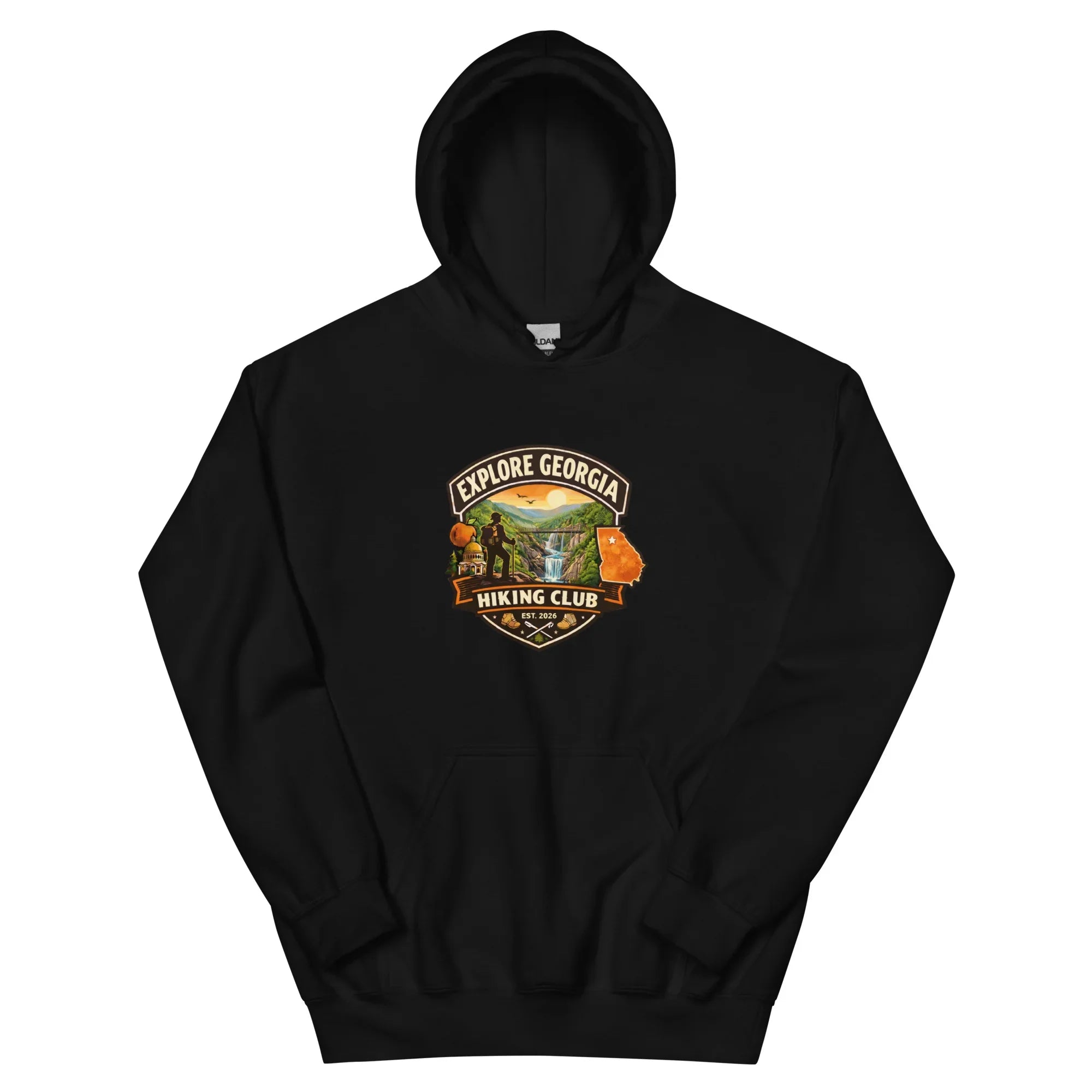Black unisex hoodie with Explore Georgia Hiking Club mountain and waterfall logo
