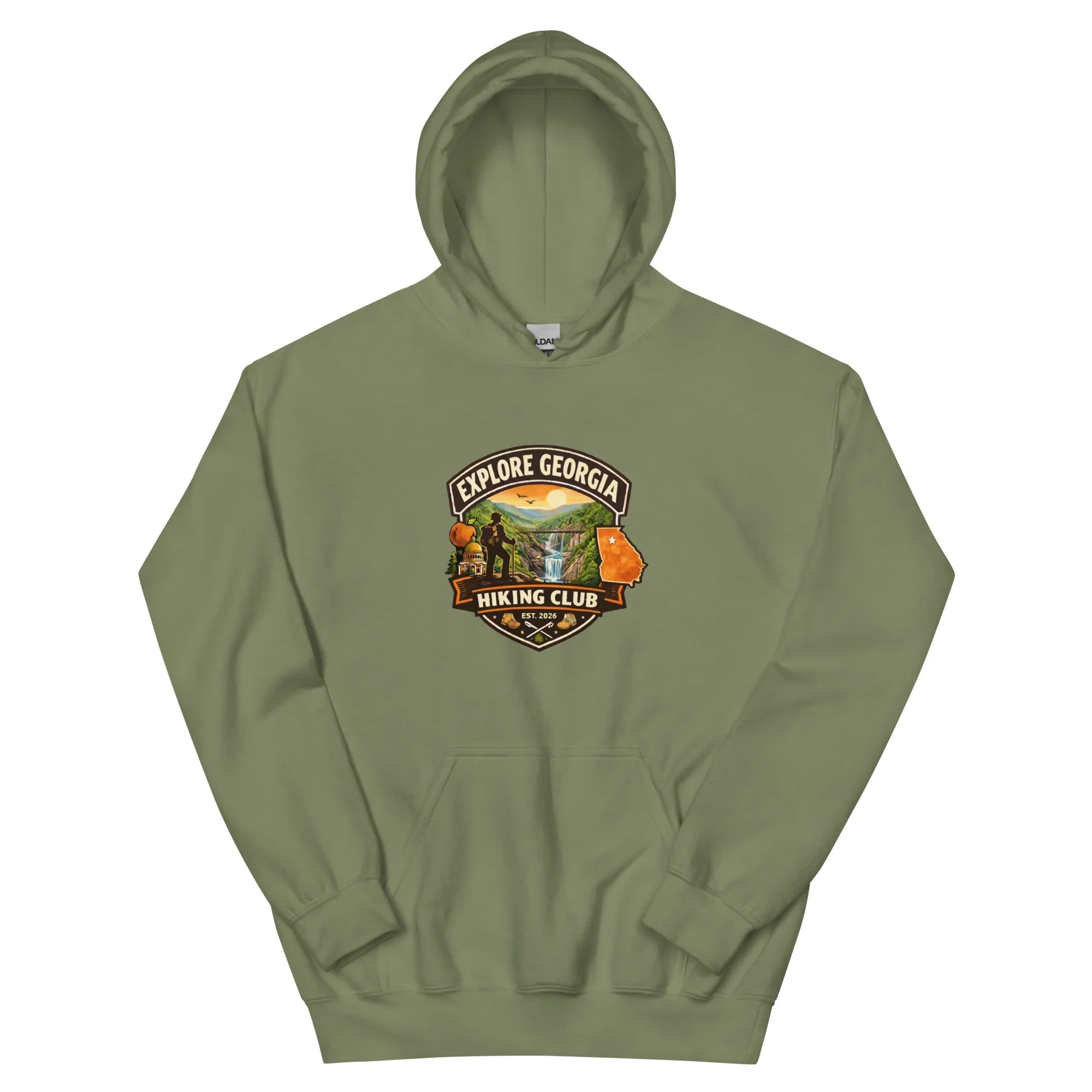 Military green unisex hoodie with Explore Georgia Hiking Club mountain logo on front