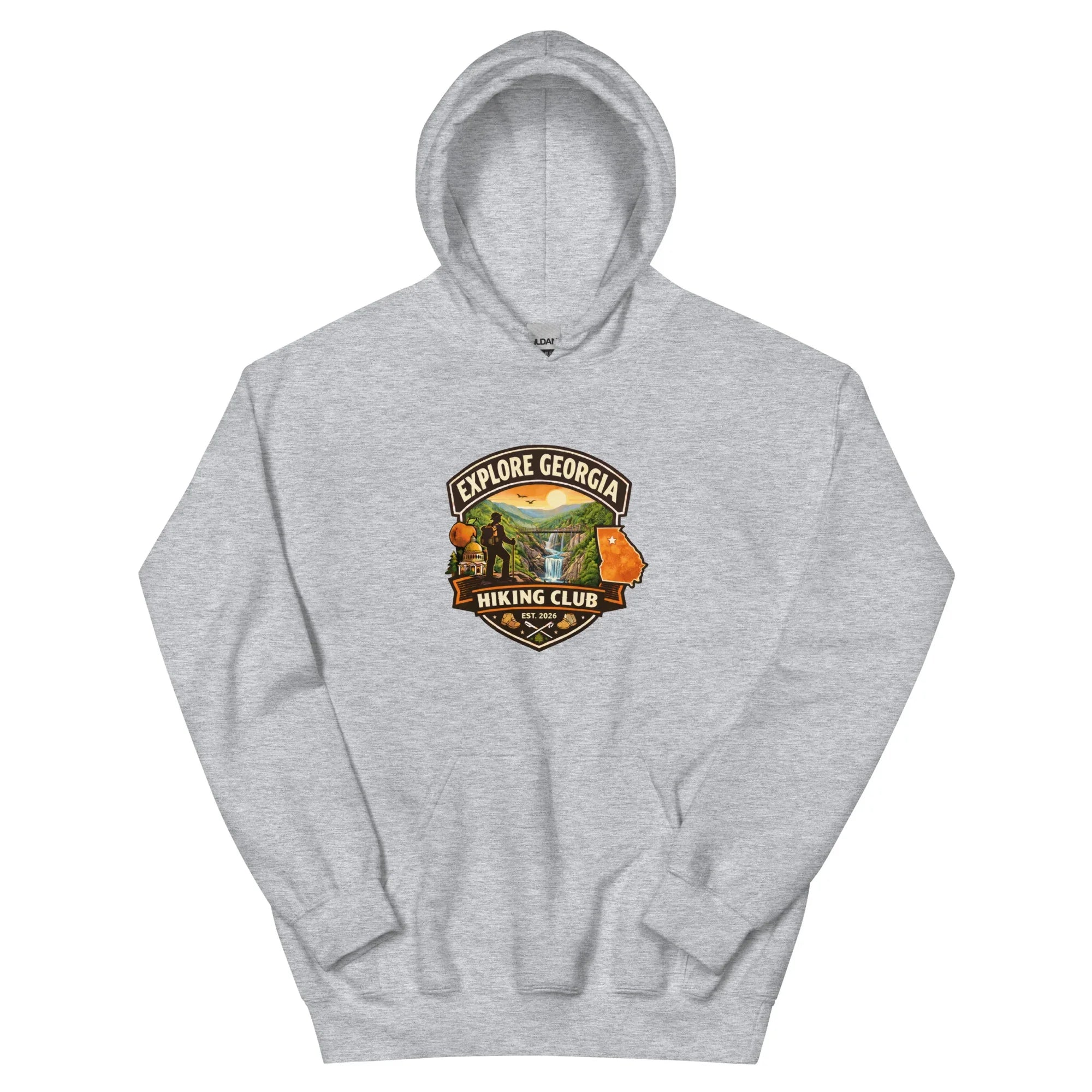 Sport grey hoodie with Explore Georgia Hiking Club mountain and waterfall logo on front